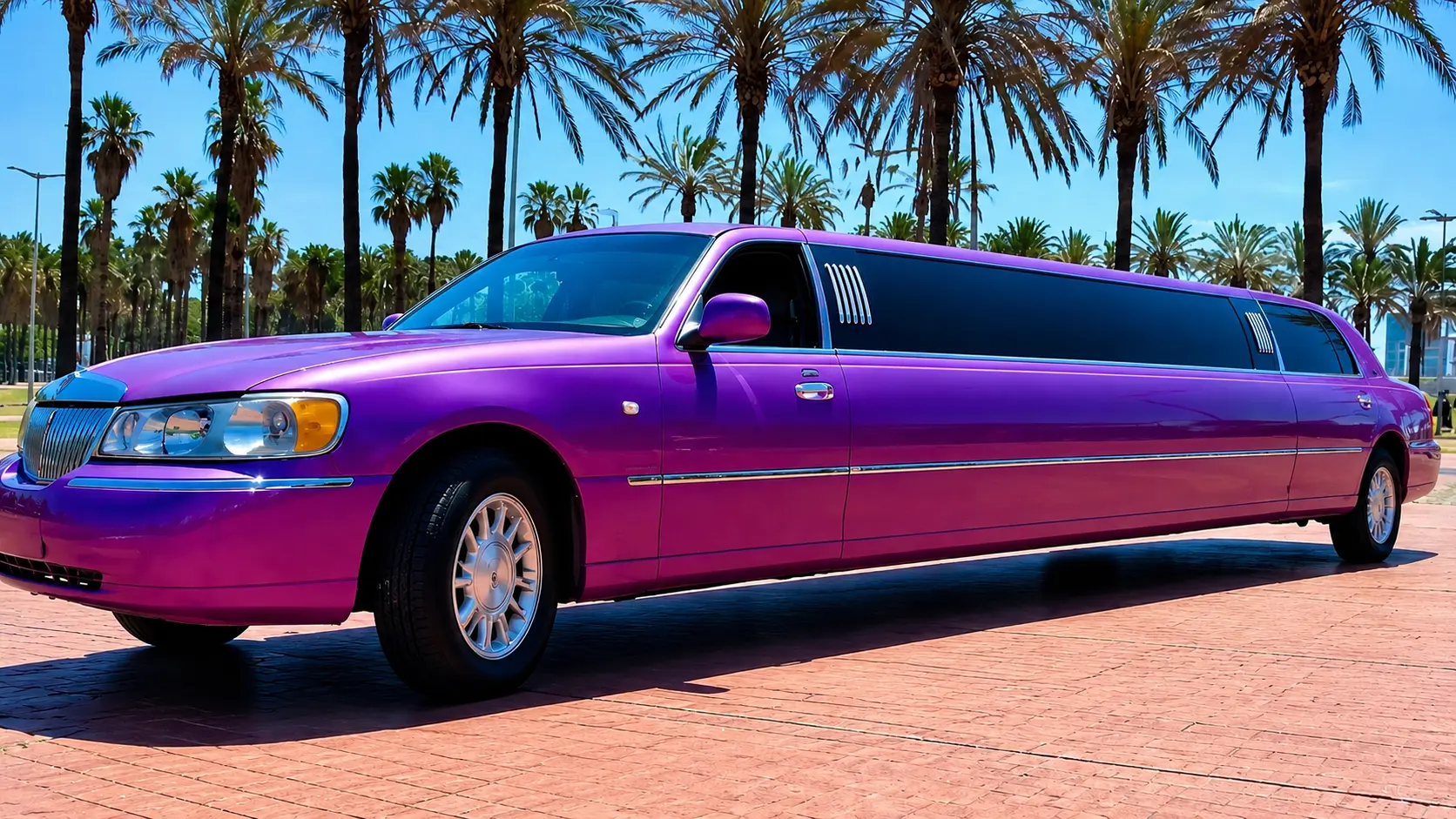 Pink Lincoln limousine Elegant pink Lincoln stretch limousine cruising through a scenic palm-lined avenue in Barcelona, Spain, under bright Mediterranean sunshine.